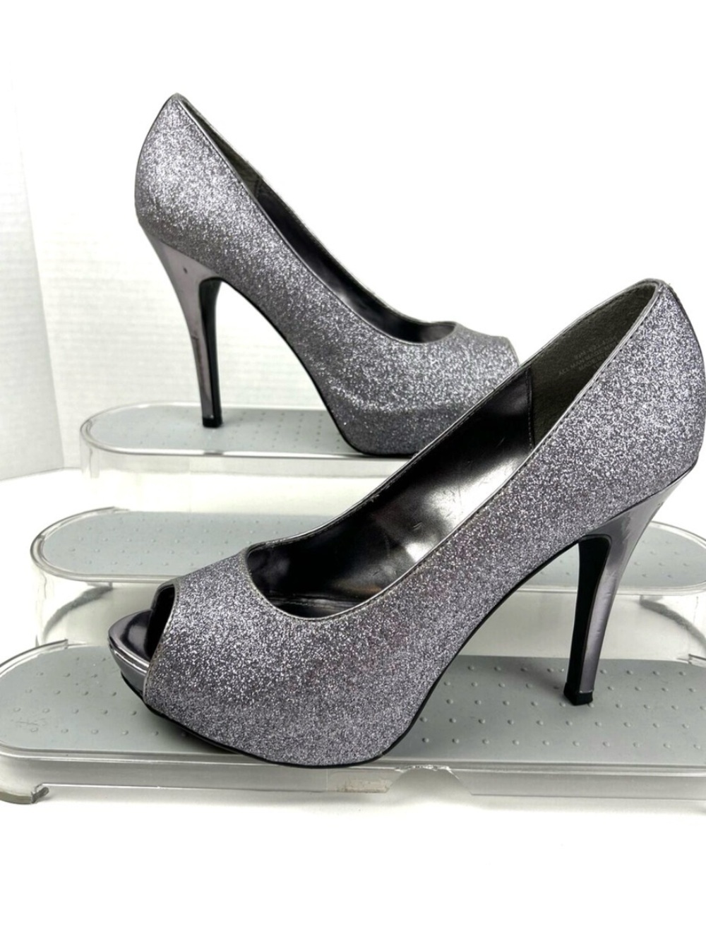 ❤️‍🔥 Peep Toe Stiletto Platform Pumps Pewter Silver Glitter W Sz 7.5 Open Toe